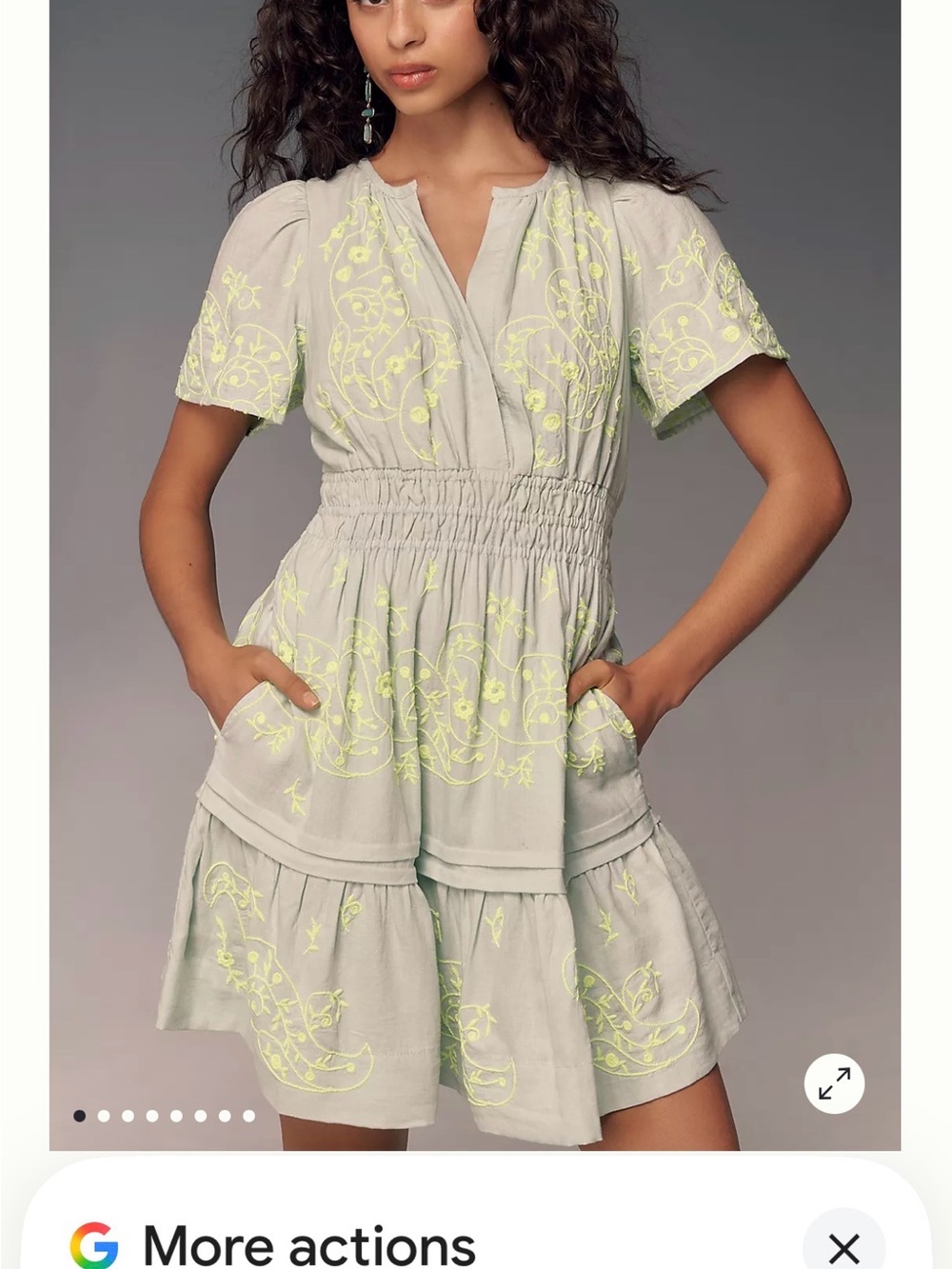 Anthropologie Light Sage Mini Dress with Neon Yellow Embroidery